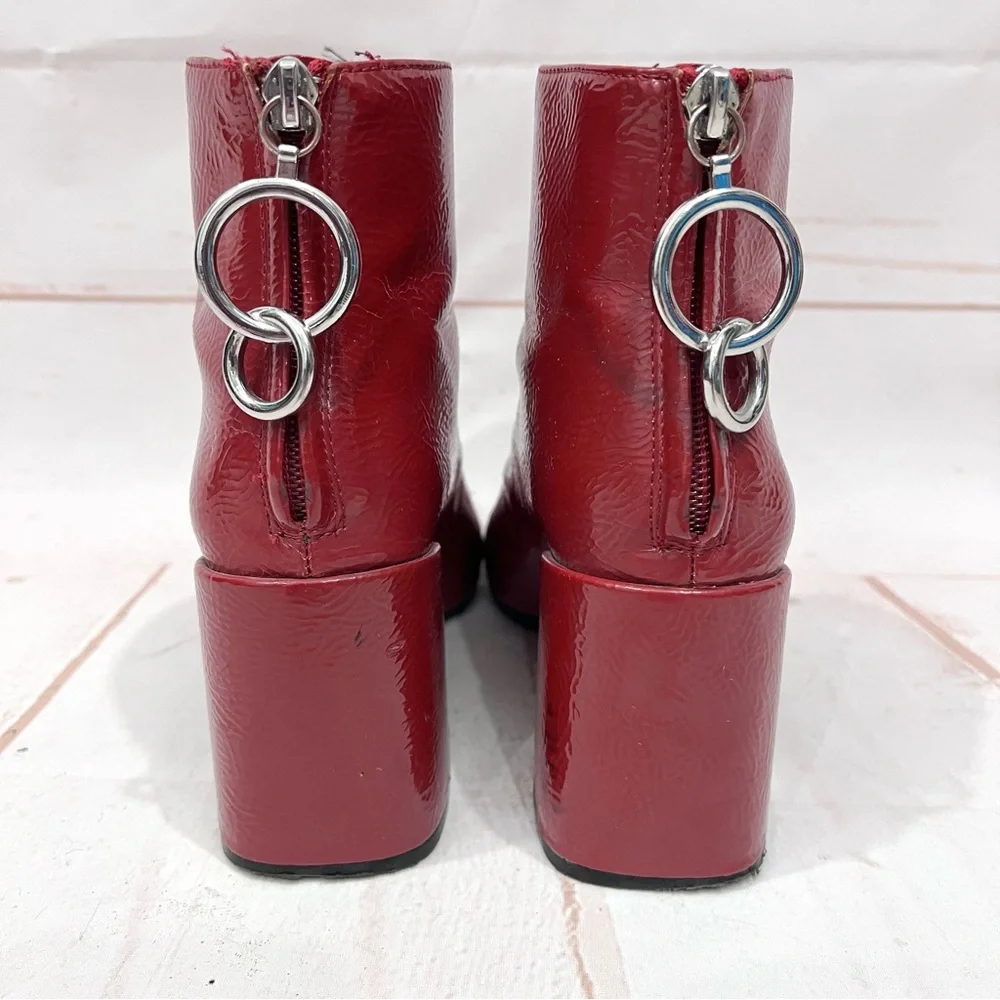 Zara Bloggers Favorite Retro Red Crinkled Patent Leather Block Heel Ankle Boots